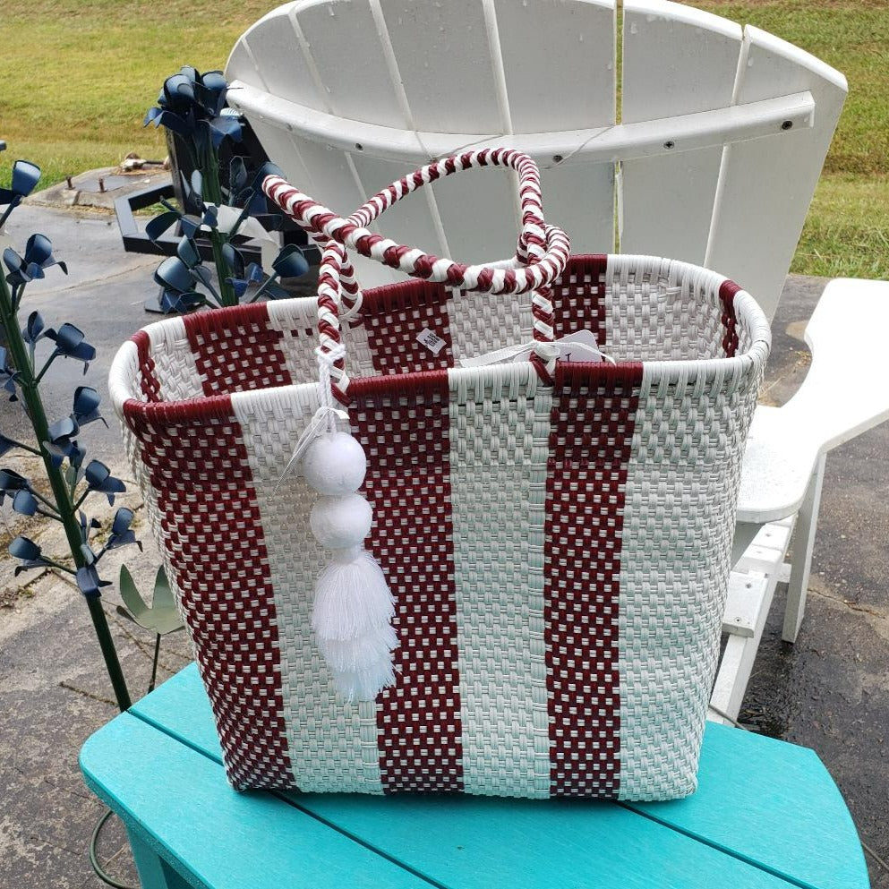 Striped Maroon/White Weave Tote