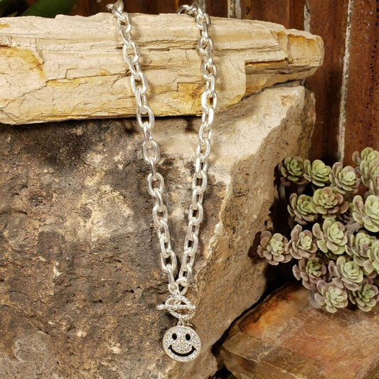 Silver Chain Link & Rhinestone Smiley Face Toggle Chain