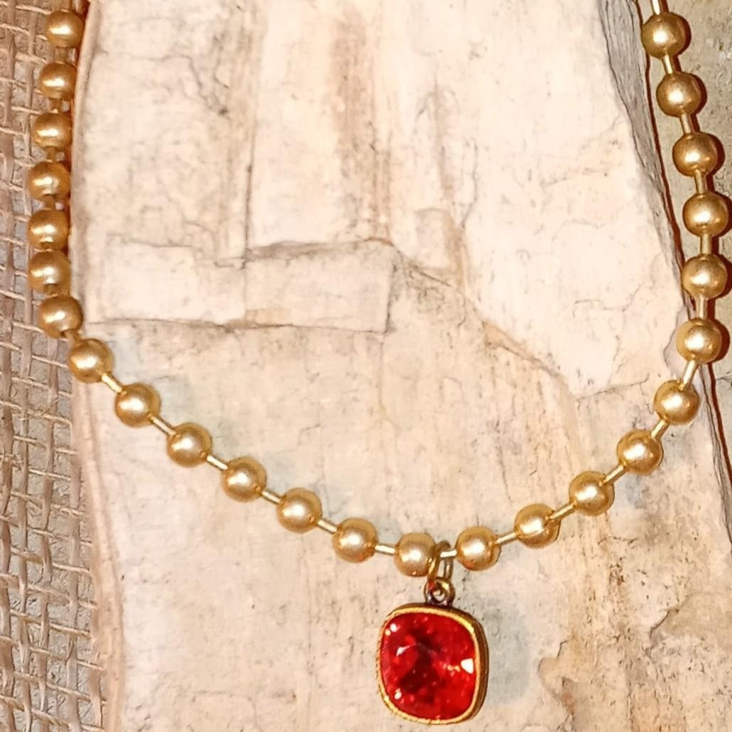 Gold Bead Chain with Red Cushion Cut Crystal