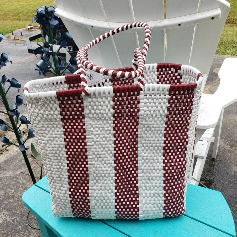 Striped Maroon/White Weave Tote