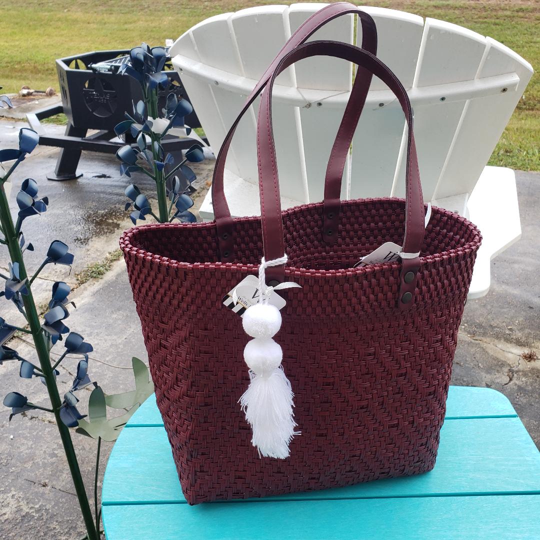 Maroon W/ Leather Handle Weave Tote