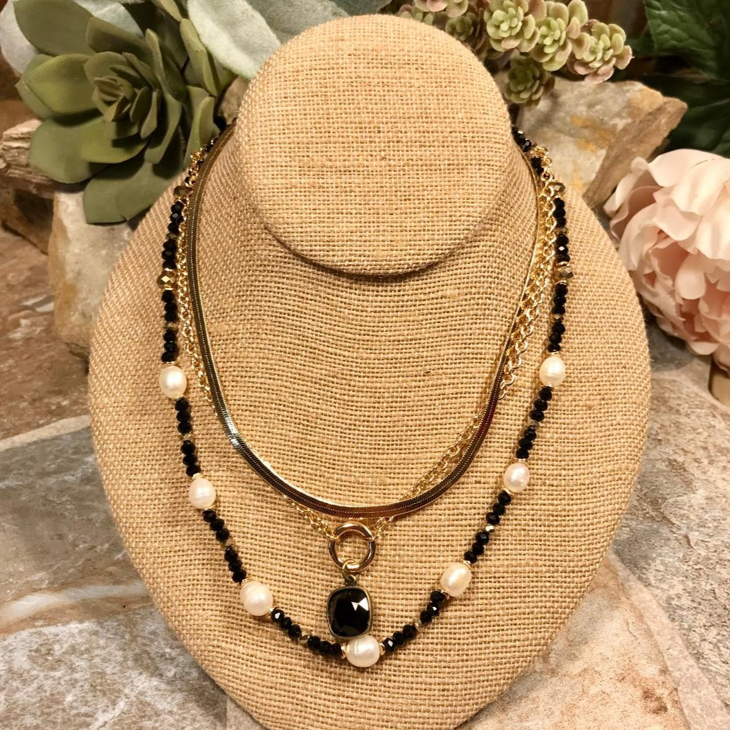 Pearl, Black and Gold Multi Layered Necklace