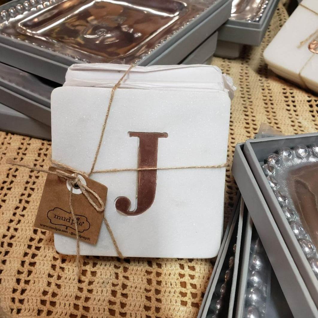 J Initial Marble & Copper Coaster Set