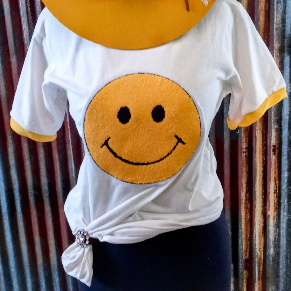 Chenille Smiley Vintage Ringer Graphic Tee