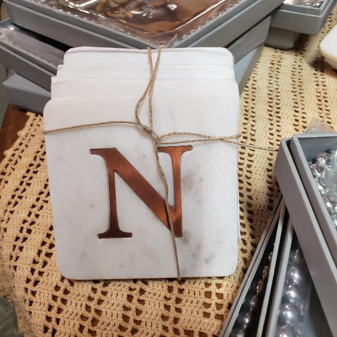 N Initial Marble & Copper Coaster Set