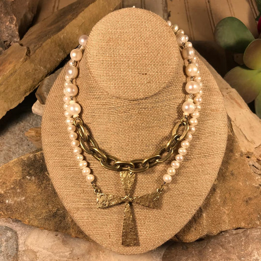 Pearls With Lourdes Chain & French Cross Necklace