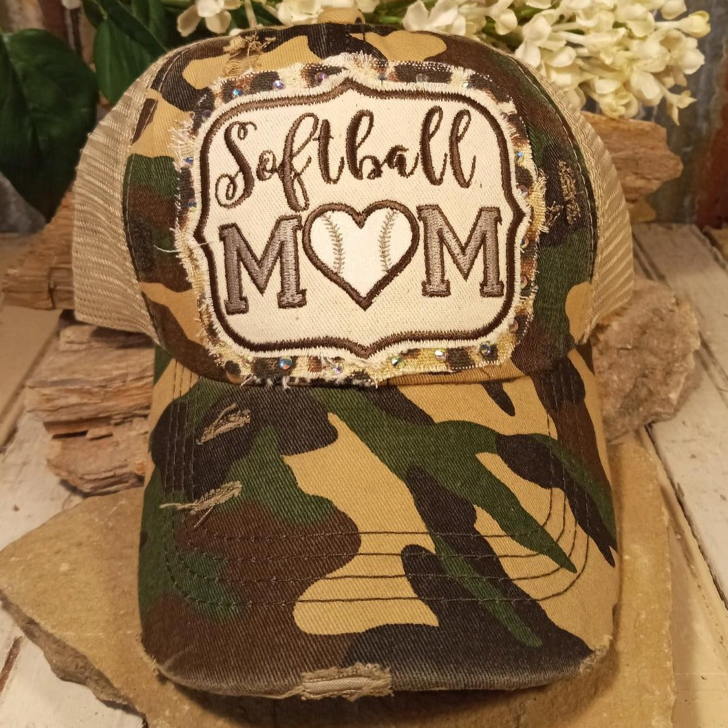 Rhinestone Sparkle Embroidered Camo for Softball Mom Cap