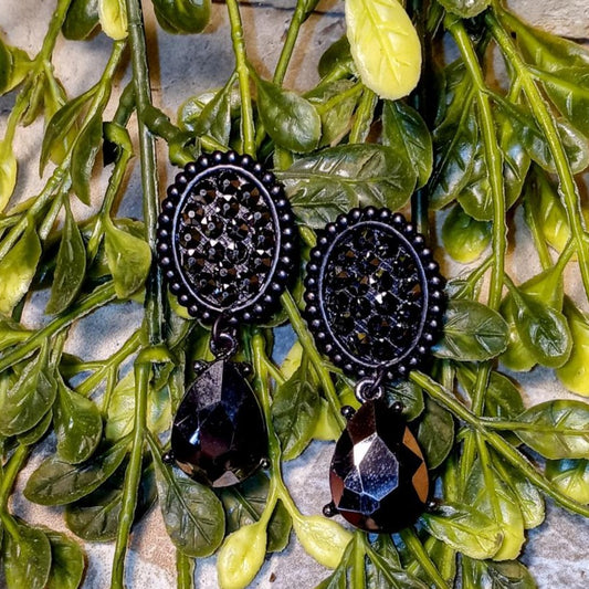 Black Oval Druzy Earrings w/ Black Teardrop Dangle