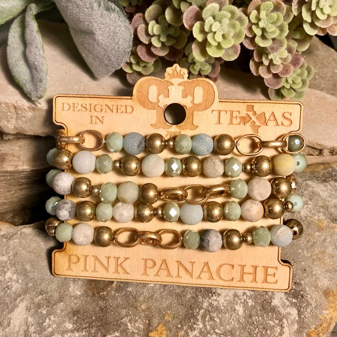 Mint Crystal and Natural Stone with Gold Link Stretch Bracelet
