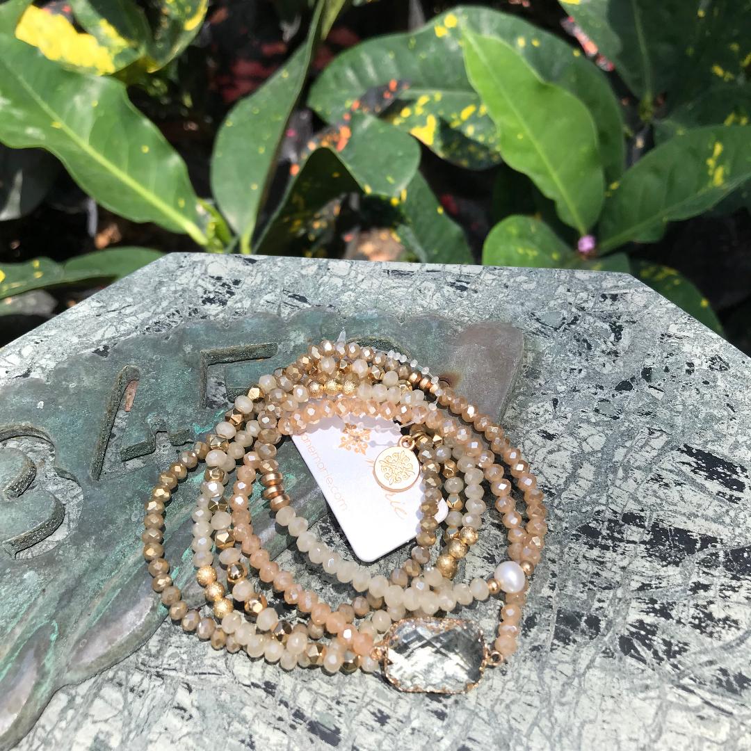 Champagne and Blush Beads with Clear Stone Charm Bracelet