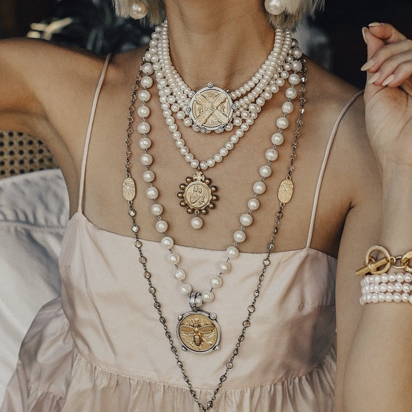 Pearls and Gold Canard Miel Stack Medallion Necklace