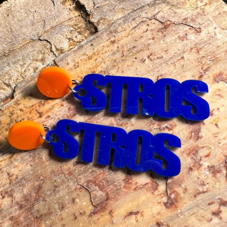 Astros Blue & Orange STROS Acrylic Dangle Earrings